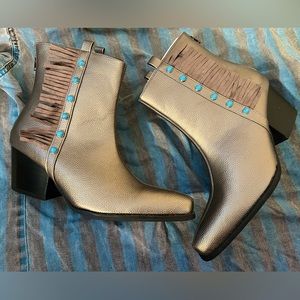 Crazy Train metallic fringe turquoise stone western cowboy booties